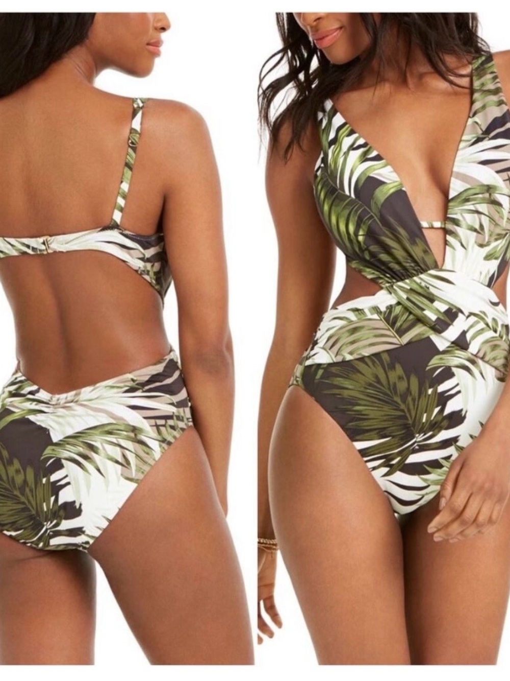 Bar III Olive, White and Dark Green Palm-Print Cutout One-Piece Swimsuit